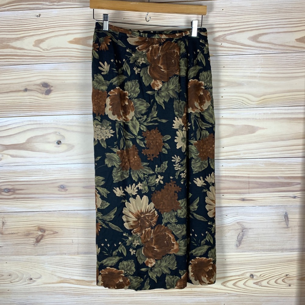 Rafaella Maxi‎ Skirt Womens 8 Black Brown 90s Dark Floral Whimsigoth Wrap Slit